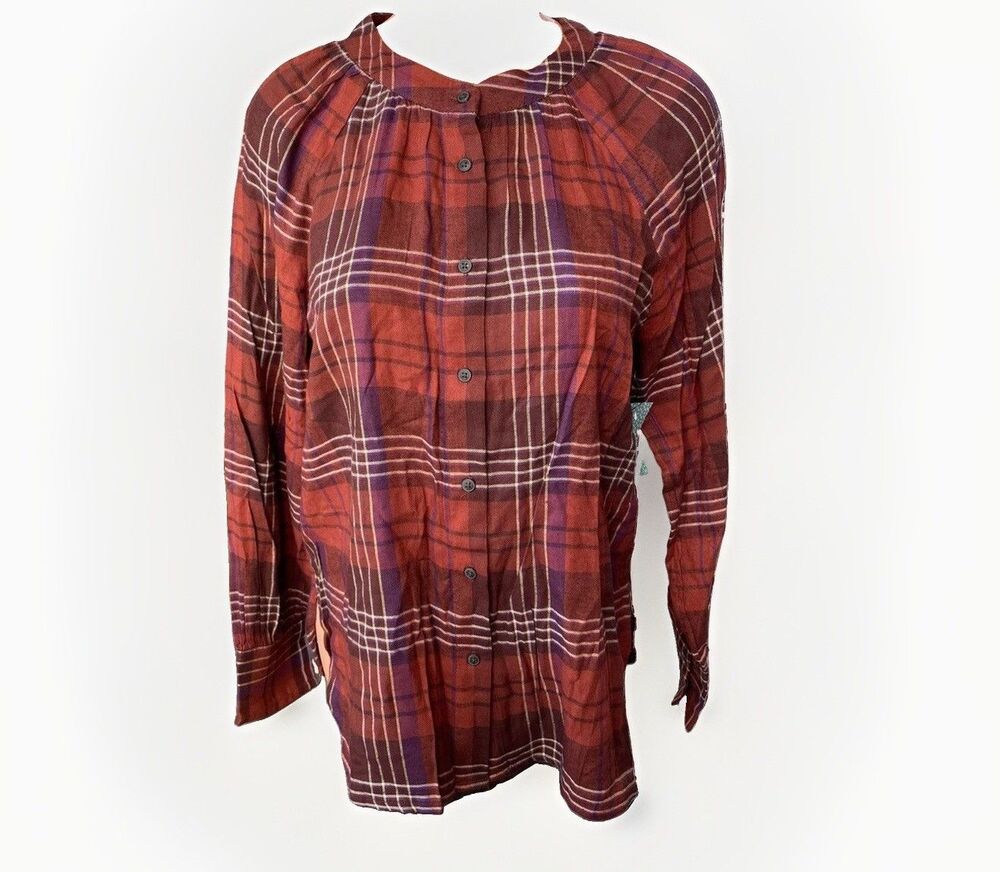 Susina Maroon Orange Plaid Button Down Shirt Size XS New Soft Flannel